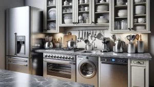 A modern kitchen with stainless steel appliances, including a fridge, oven, washing machine, and dishwasher. Open shelves display dishes and glasses, and various utensils hang above the marble countertop.