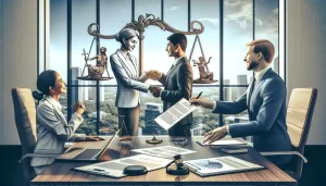 Four business professionals in suits are meeting in a modern office. Two are shaking hands with a large scales of justice symbol in the background. Legal documents and a gavel are on the table, suggesting a legal or business agreement.
