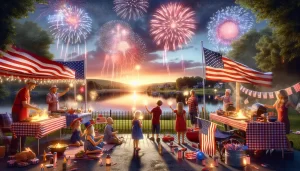 A group of people celebrate outdoors by a lake at sunset, surrounded by American flags, food, and decorations. Fireworks light up the sky as children and adults enjoy the festive Fourth of July scene.