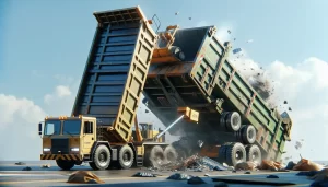 Two large dump trucks collide while unloading debris, causing one to tip and spill its load amid flying debris and dust, under a clear sky.