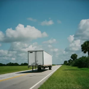 A white semi-trailer stands parked on the side of a rural road under a bright blue sky with fluffy clouds, surrounded by green grass and a few trees.