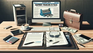 A desk with a computer displaying an article on equipment financing in Texas, an open binder with documents, glasses, a pen, a briefcase, cash, a calculator, a cup of coffee, and office supplies neatly arranged.