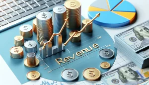 Stacks of coins, upward arrows, and the word Revenue on a blue chart, with pie charts, a keyboard, and US dollar bills in the background, symbolizing financial growth and business profit.