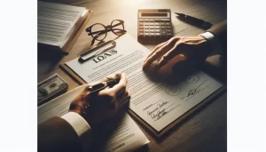 Two people read and sign a loan agreement at a desk with documents, a calculator, glasses, a pen, and a stack of cash under warm lighting.