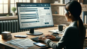 A woman sits at a desk, filling out an online loan application on her desktop computer. Papers, a smartphone, and a cup of coffee are on the desk in a cozy home office setting with shelves and warm lighting.