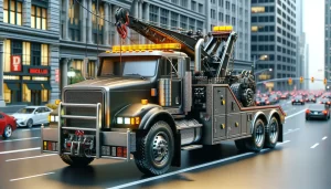 A large tow truck with yellow lights drives through a busy city street surrounded by tall buildings and other vehicles.