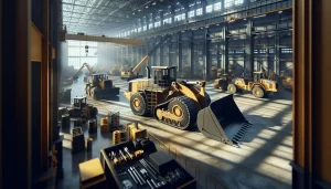 A spacious industrial warehouse filled with large yellow construction vehicles, including a central front loader. Sunlight streams through high windows, illuminating equipment, machinery, and storage shelves inside the facility.