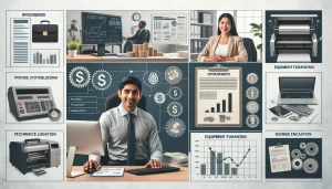A collage showing business professionals in offices, financial charts, graphs, laptops, calculators, a printer, and money symbols, representing business processes like financing, budgeting, equipment leasing, and price location.