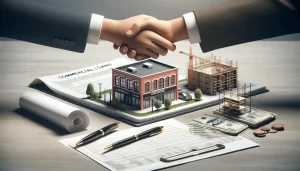 Two people shake hands over a desk with commercial loan documents, pens, money, blueprints, and a model of a commercial building and construction site, symbolizing a real estate or business agreement.