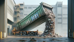 A large green dump truck empties a massive load of mixed trash and barrels onto the ground outside an industrial facility with gray buildings and multiple windows in the background.