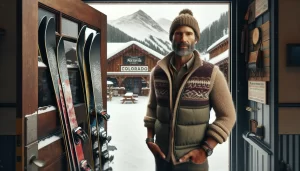 A man in winter clothing stands by a ski shop door lined with skis, with snowy cabins and a mountain in the background. A sign reads Colorado. Snow covers the ground and buildings outside.
