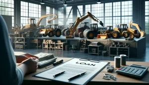 A person sits at a desk with a loan application, money, and office supplies, while several construction vehicles are displayed in a large, well-lit industrial warehouse.