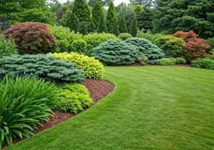 A neatly manicured lawn bordered by vibrant shrubs, bushes, and small trees in various shades of green and red, with mulched garden beds and dense foliage in a lush, landscaped garden.