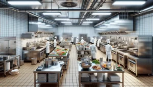 A professional kitchen with chefs in white uniforms preparing food at stainless steel workstations, surrounded by various kitchen appliances, fresh vegetables, and utensils. The space is clean, organized, and brightly lit.