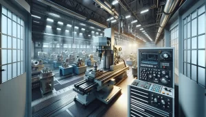 A modern industrial factory with rows of advanced CNC machines and control panels, brightly lit by overhead lights, showcasing a clean, organized, and high-tech manufacturing environment.