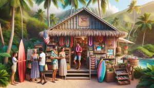 A vibrant beachfront shop surrounded by palm trees sells leis, snacks, and souvenirs. People in summer clothes chat, buy items, and hold surfboards. The scene is sunny with mountains and the ocean in the background.