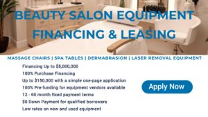 A beauty salon room with a treatment bed and equipment. Overlaid text promotes salon equipment loans and leasing, highlighting benefits like up to $5m financing, pre-funding, low rates, and an apply now button.