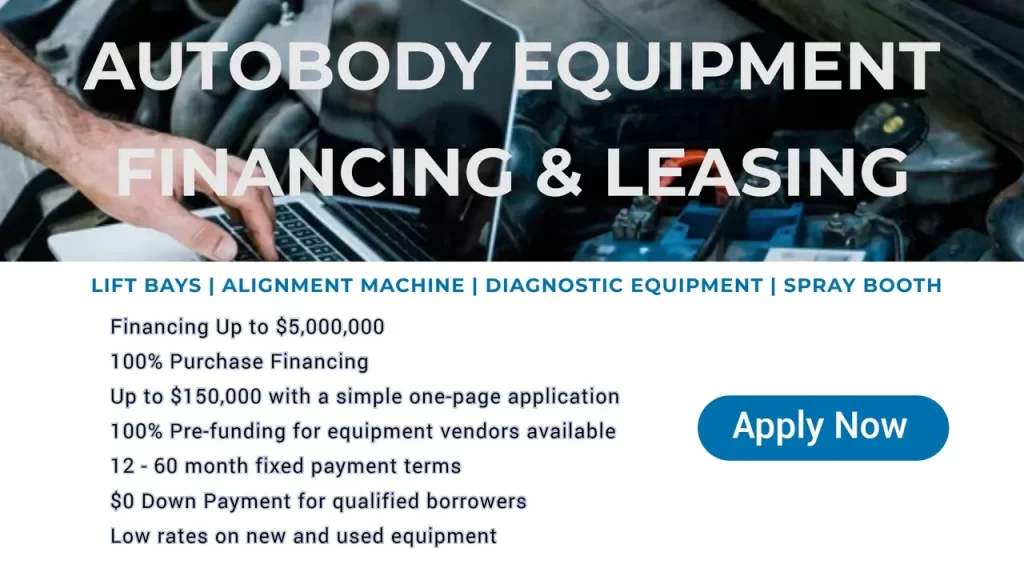 A promotional ad for autobody equipment financing and leasing, listing loan options, payment terms, low down payment for qualified borrowers, and an “apply now” button. A person uses a laptop near car engine parts in the background.