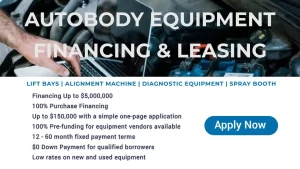 A promotional ad for autobody equipment financing and leasing, listing loan options, payment terms, low down payment for qualified borrowers, and an “Apply Now” button. A person uses a laptop near car engine parts in the background.