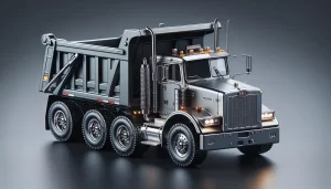 A shiny, silver dump truck with six large wheels is parked on a smooth, dark surface. The truck features chrome details, orange lights on the cab, and a raised dump bed ready to haul materials.
