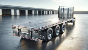 A shiny, silver flatbed semi-trailer with three axles is parked on a paved lot near storage buildings, reflecting sunlight in a clean and modern setting.