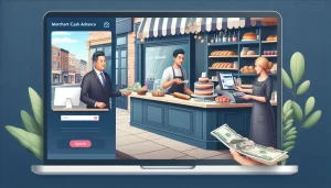 A laptop screen shows a bakery scene with a cashier, customers, and pastries. The left side displays a Cash Advance Broker login, while a hand holding cash appears in the foreground.
