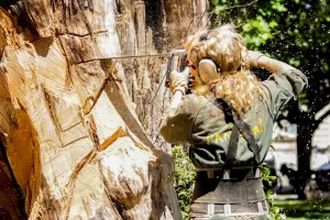 A person with long hair, wearing ear protection and gloves, uses a chainsaw to carve a large wooden sculpture outdoors—an example of creative work that could benefit from financing for landscaping in Texas.