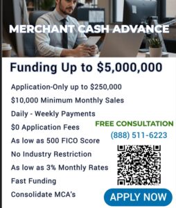 A man in business attire works at a desk. Text includes Merchant Cash Advance FAQ, details on application, rates, and a QR code. Get answers and up to $5 million in funding. Call for a free consultation or hit Apply Now at the bottom.