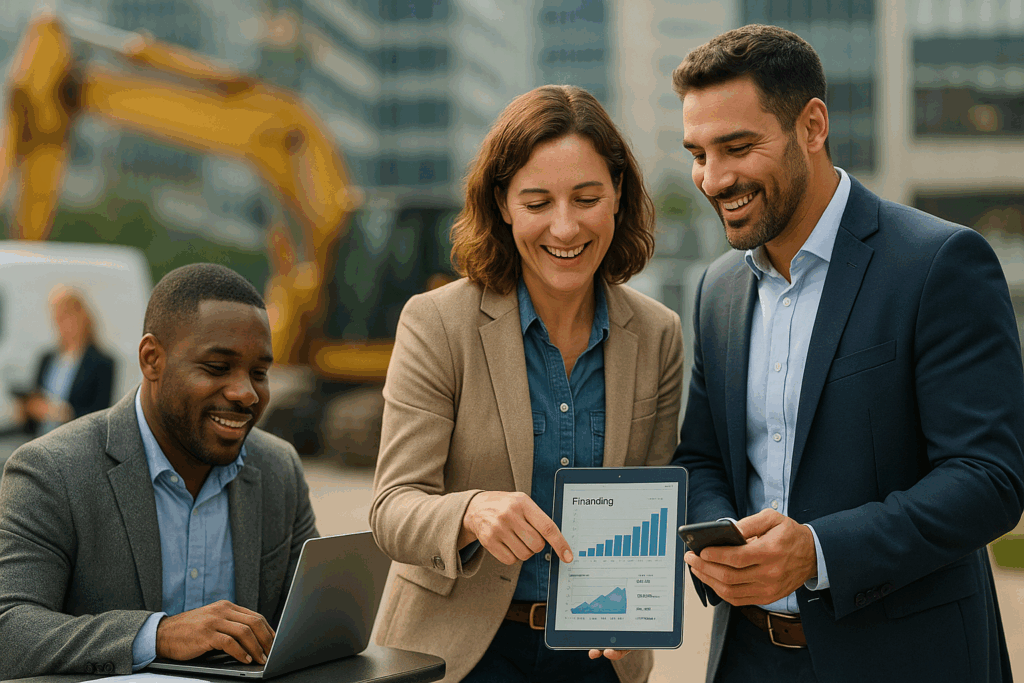 Three business professionals outdoors, smiling as one woman shows a financing graph on a tablet—highlighting options for same-day funding loans—while a man holds a phone. Another man sits with a laptop. Construction equipment and office buildings are in the background.