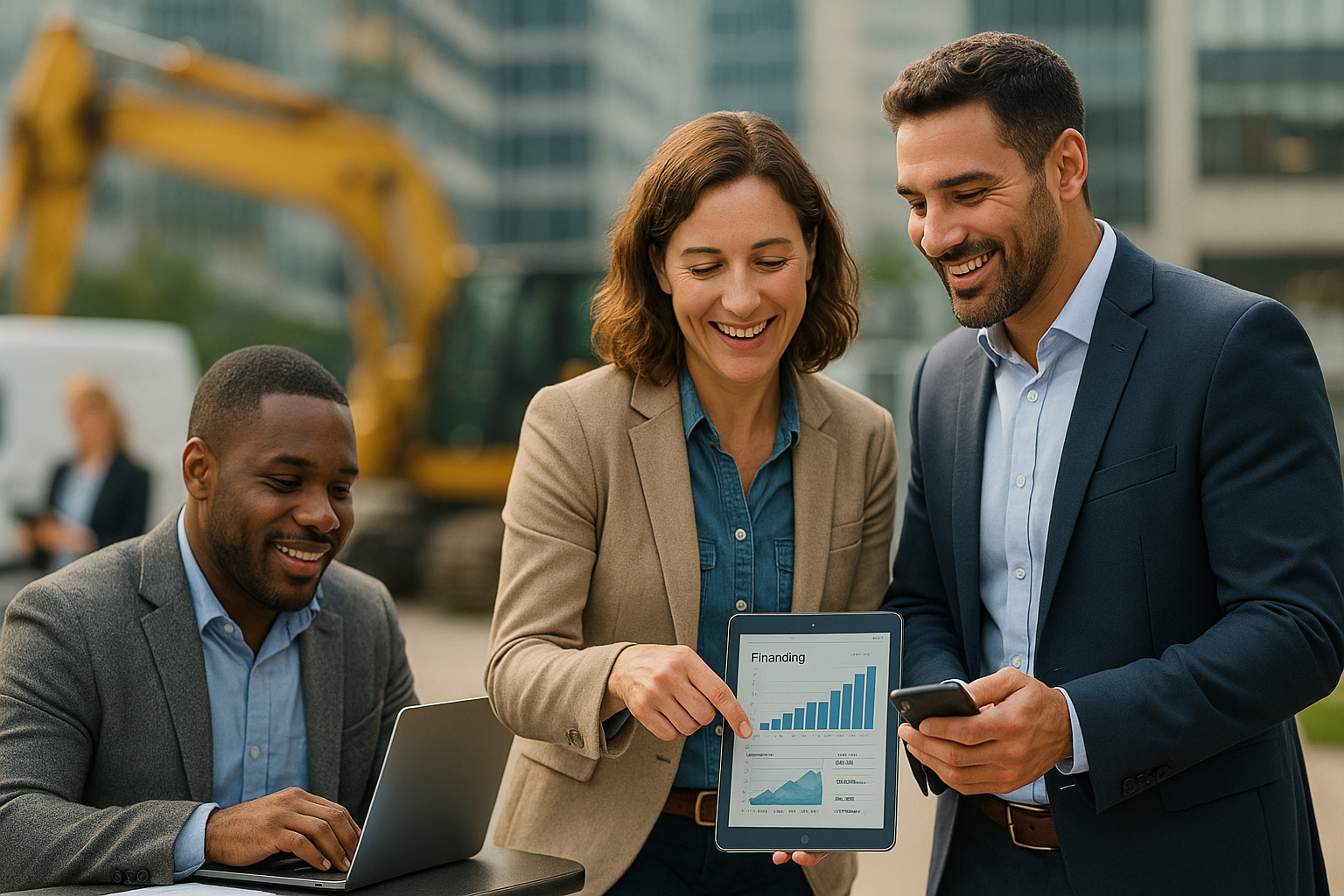 Home 12 Three business professionals outdoors, smiling as one woman shows a financing graph on a tablet—highlighting options for same-day funding loans—while a man holds a phone. Another man sits with a laptop. Construction equipment and office buildings are in the background.
