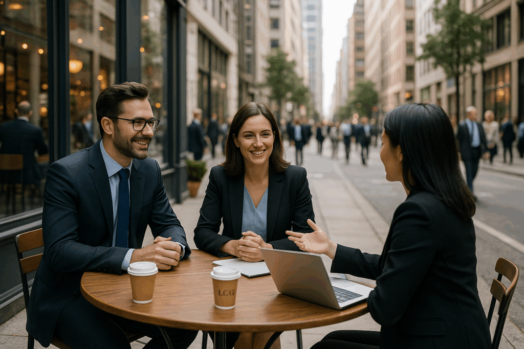 Three professionally dressed people sit at a round outdoor café table in a city, engaged in a lively discussion about unsecured business financing, with a laptop and coffee cups in front of them. Tall buildings and pedestrians are visible in the background.