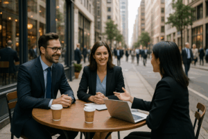 Three professionally dressed people sit at a round outdoor café table in a city, engaged in a lively discussion about unsecured business financing, with a laptop and coffee cups in front of them. Tall buildings and pedestrians are visible in the background.