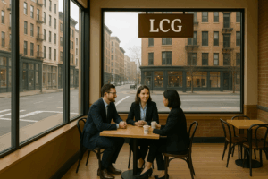 Three people in business attire sit at a table in a modern café with large windows, discussing merchant cash advance loans. The café sign says lcg, and city buildings are visible outside on a quiet street.