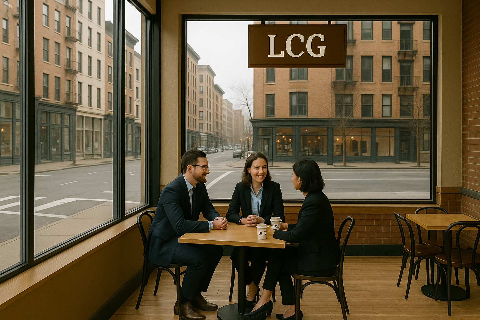 Three people in business attire sit at a table in a modern café with large windows, discussing merchant cash advance loans. The café sign says lcg, and city buildings are visible outside on a quiet street.