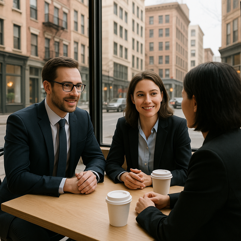 Three professionally dressed people sit at a café table with coffee cups, discussing merchant funding. Large windows reveal a city street with brick buildings in the background.