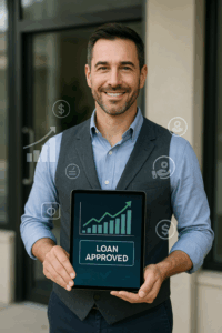 Smiling man in a vest holds a tablet displaying a rising graph and the words “loan approved. ” business and finance icons float around him, highlighting success through short-term financing and financial growth. Short term loan approval