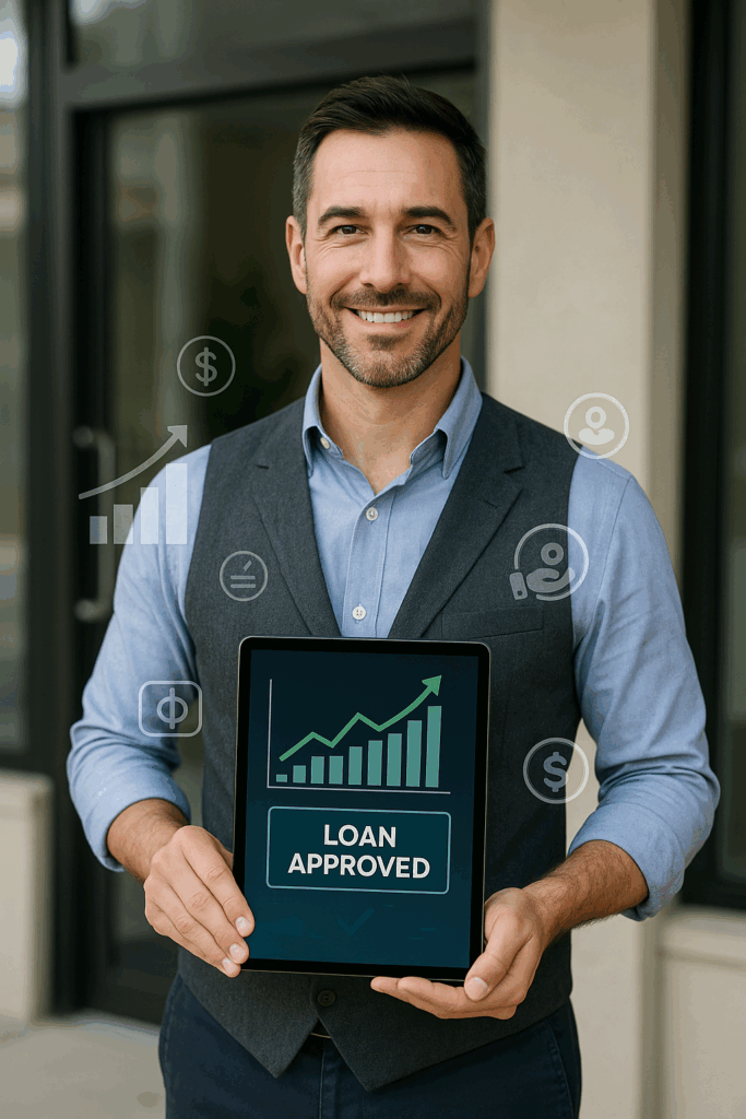 Smiling man in a vest holds a tablet displaying a rising graph and the words “loan approved. ” business and finance icons float around him, highlighting success through short-term financing and financial growth. Short term loan approval