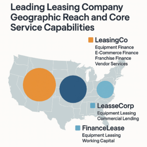 A map of the united states with three overlapping circles showing the geographic reach of leasingco, leasecorp, and finance lease, each with a list of their core service capabilities.