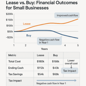 A line graph compares lease and buy options for small businesses over 5 years, showing higher and improving cash flow for leasing. A table below summarizes total costs, ending cash, tax savings, and tax impacts for both options.