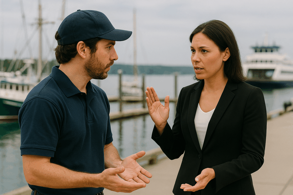 A man in a navy cap and polo shirt speaks with a woman in a black blazer near a dock, with boats and water in the background. Both appear engaged in a serious conversation about business startup opportunities.