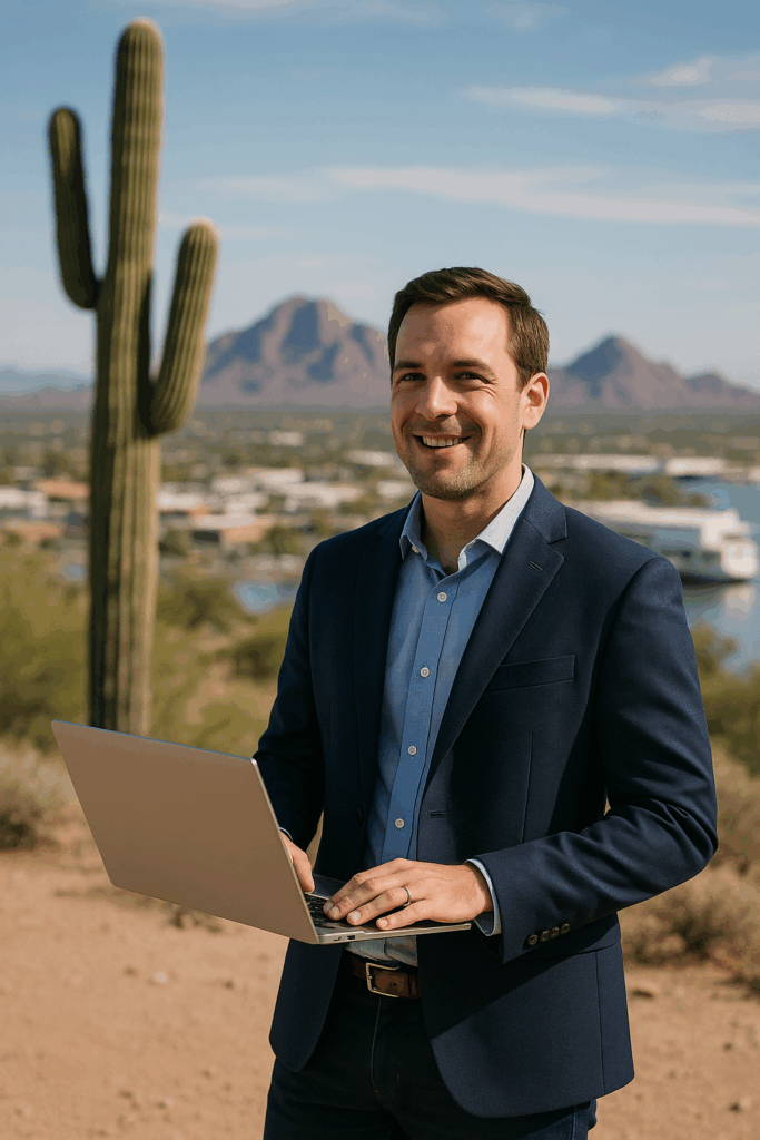 A man in a navy blazer and blue shirt smiles while working on his startup from a laptop outdoors in a desert landscape, with a tall cactus and mountains in the background.