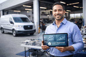 A smiling man in a blue shirt stands outside an auto repair shop, holding a tablet displaying a “loan approved” message with bar graphs. A white van is parked in the background.