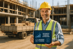 Smiling construction worker in a yellow hard hat and safety vest holds a tablet displaying business funding approved at a construction site with scaffolding and a truck in the background.