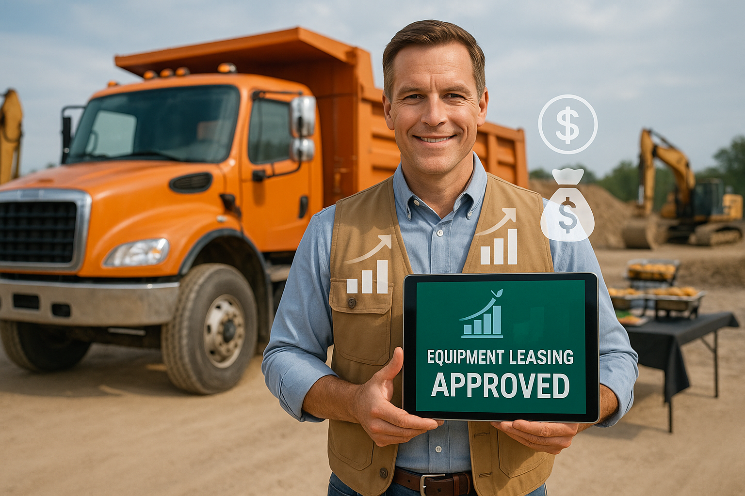 Dump truck financing approved: business owner in front of an orange dump truck