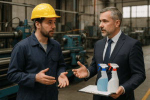In a bustling factory, a man in a yellow hard hat and work uniform talks with a business professional holding cleaning spray bottles and a clipboard, discussing business startup strategies amid the machinery.