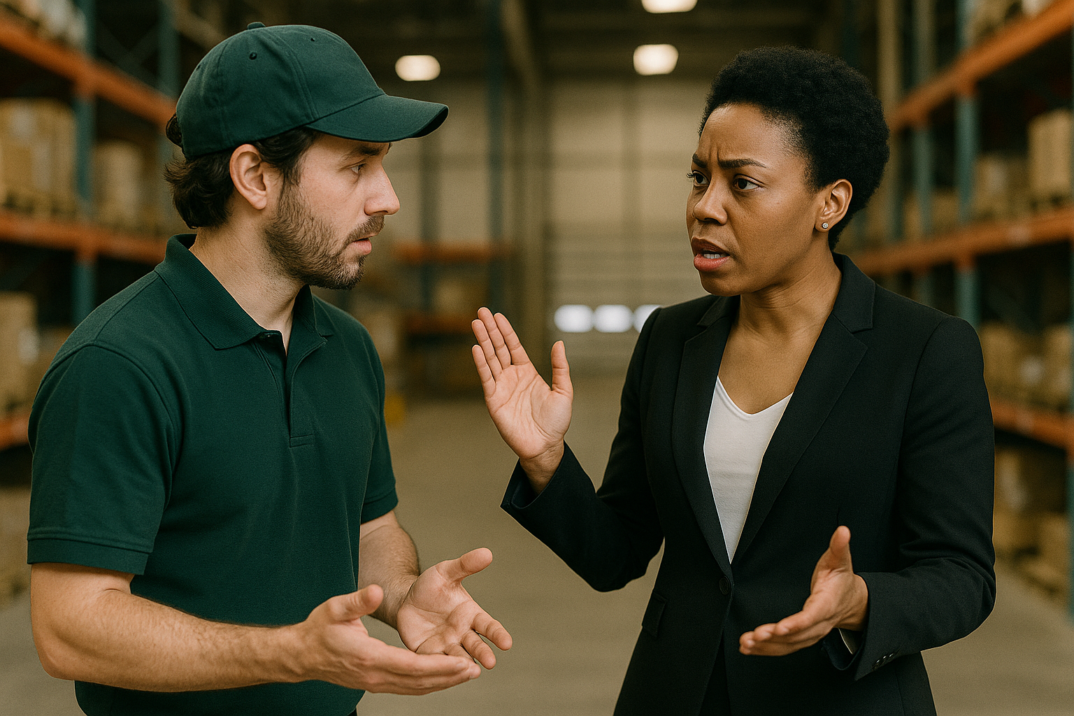 A man in a green uniform and a woman in a black blazer are standing in a warehouse, engaged in a serious business startup conversation with expressive hand gestures. Shelves with boxes are visible in the background.