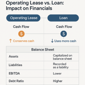 Comparison chart showing operating lease vs. Loan: impact on financials, highlighting differences in cash flow, assets, liabilities, ebitda, and debt ratio between operating leases and loans.
