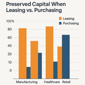Bar chart comparing preserved capital for leasing vs. Purchasing in manufacturing, healthcare, and retail. Leasing shows higher percentages in all sectors, especially in healthcare. Purchasing is consistently lower.