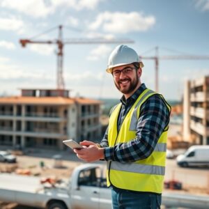 A smiling construction worker wearing a white hard hat and yellow safety vest uses a tablet at a construction site with cranes and unfinished buildings in the background.