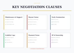 A chart titled key negotiation clauses displays six categories: maintenance & support, buyout terms, early termination, liability caps, payment terms, and ip & ownership, each listing relevant negotiation points.
